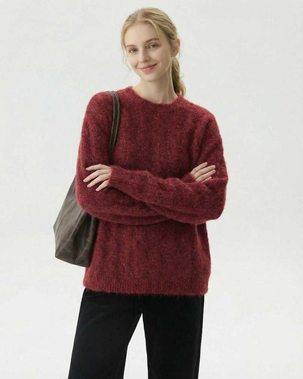 Sienna Pullover by Lauven – Women's wool blend knit sweater in rich burgundy, ideal for autumn and winter layering.