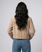 Sienna Slim Jacket by Lauven, women's fitted zip-up jacket, back view showcasing soft stretch blend fabric.