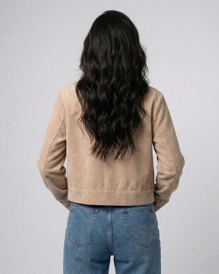 Sienna Slim Jacket by Lauven, women's fitted zip-up jacket, back view showcasing soft stretch blend fabric.