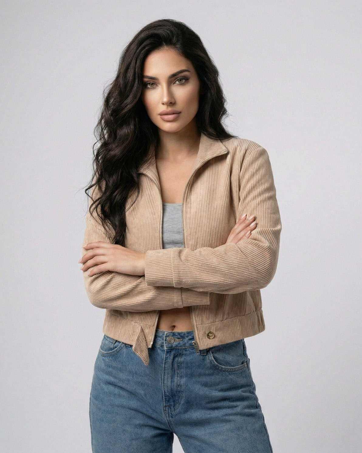 Sienna Slim Jacket by Lauven in beige, women’s fitted zip-up jacket for casual style.