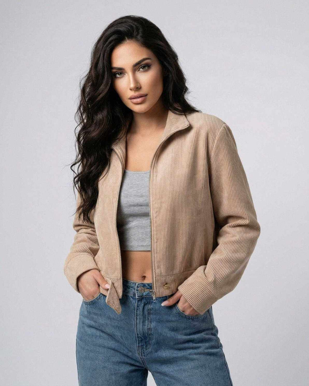 Sienna Slim Jacket by Lauven, women's fitted zip-up jacket in casual style, enhancing silhouette and comfort.