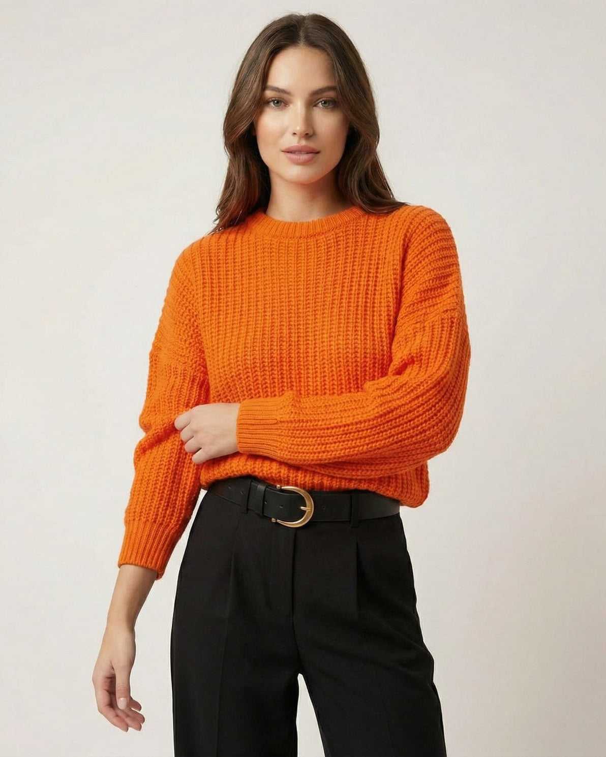 Sienna Sweater by Lauven in bright orange knit texture, featuring a relaxed silhouette for casual wear.