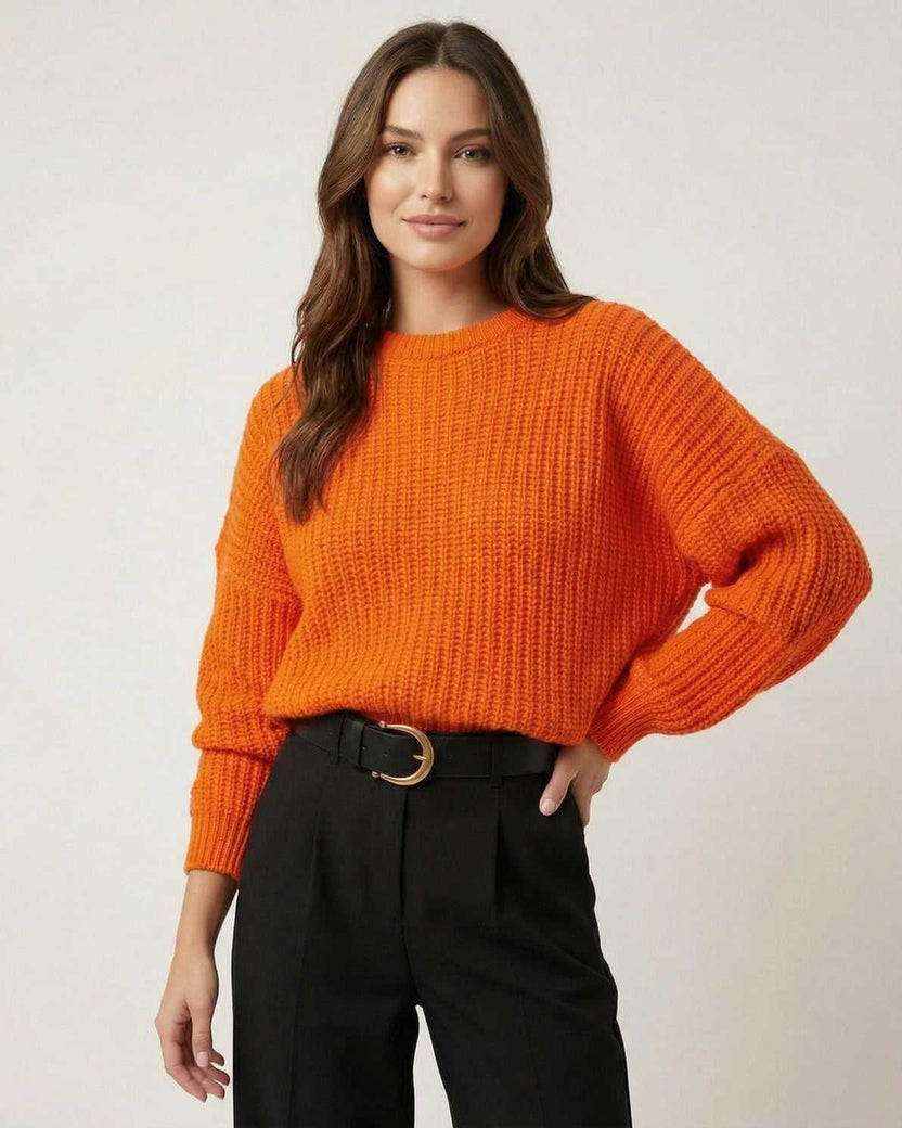 Sienna Sweater by Lauven in vibrant orange, featuring a relaxed fit and bright knit texture for effortless style.
