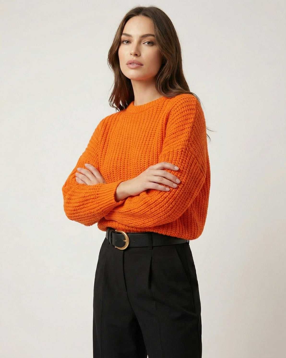 Sienna Sweater by Lauven in bright orange knit texture, featuring a relaxed silhouette for effortless style.
