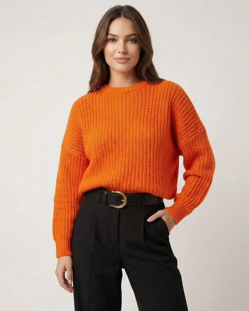 Sienna Sweater by Lauven - Bright orange knit texture with a relaxed silhouette for effortless style.