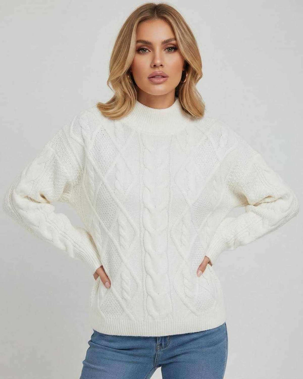 Sienna Sweater by Lauven – Women’s Oversized Cable Knit Sweater in white for effortless fall winter style.