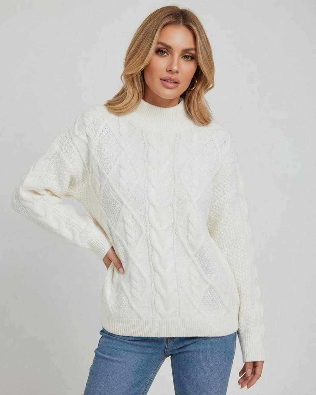 Sienna Sweater by Lauven – Women’s Oversized Cable Knit Sweater in white for effortless fall winter style.