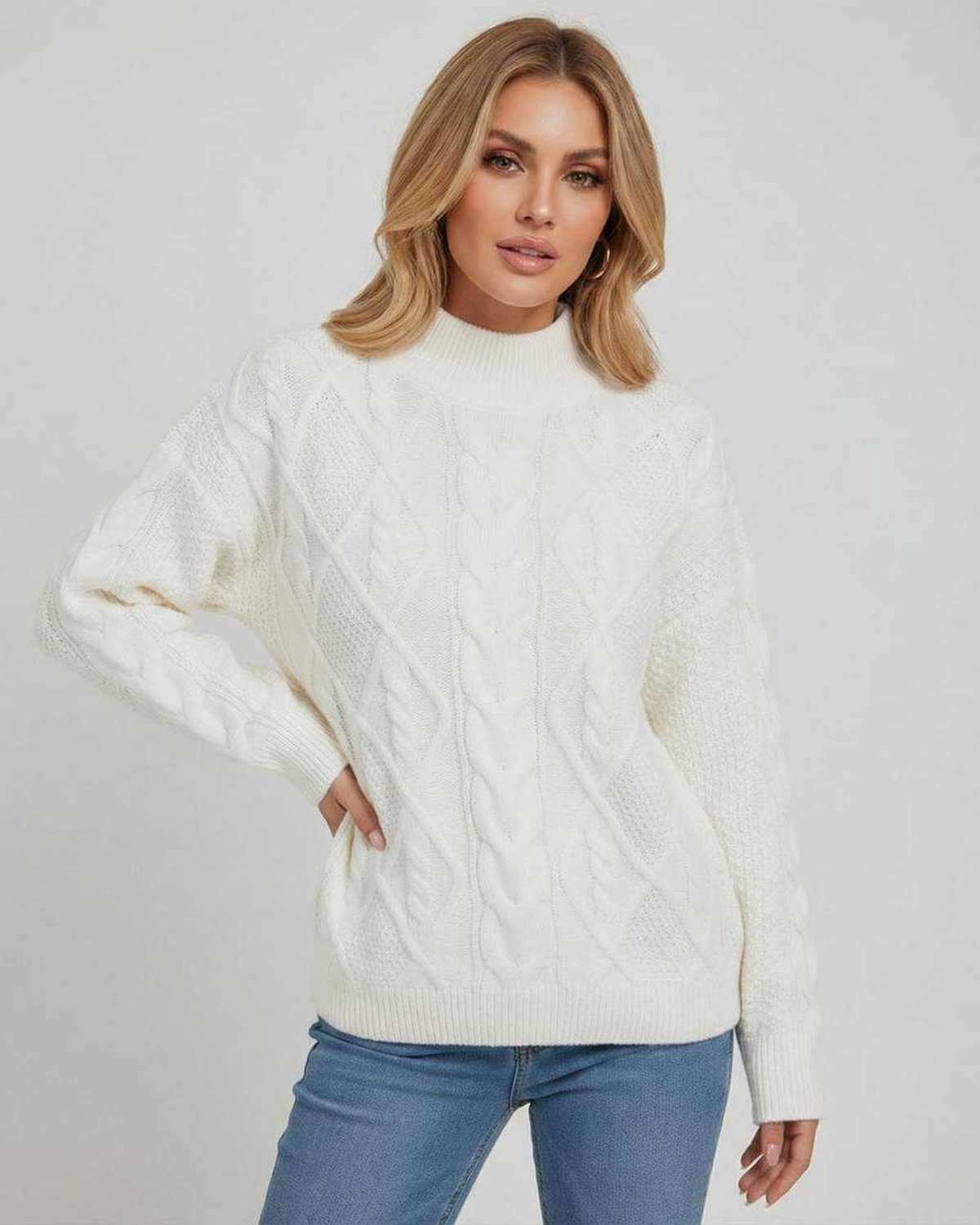 Sienna Sweater by Lauven – Women’s Oversized Cable Knit Sweater in white for effortless fall winter style.