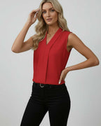 Sienna Top - Elegant sleeveless V-neck red top by Lauven, perfect for modern styling and a bold statement.