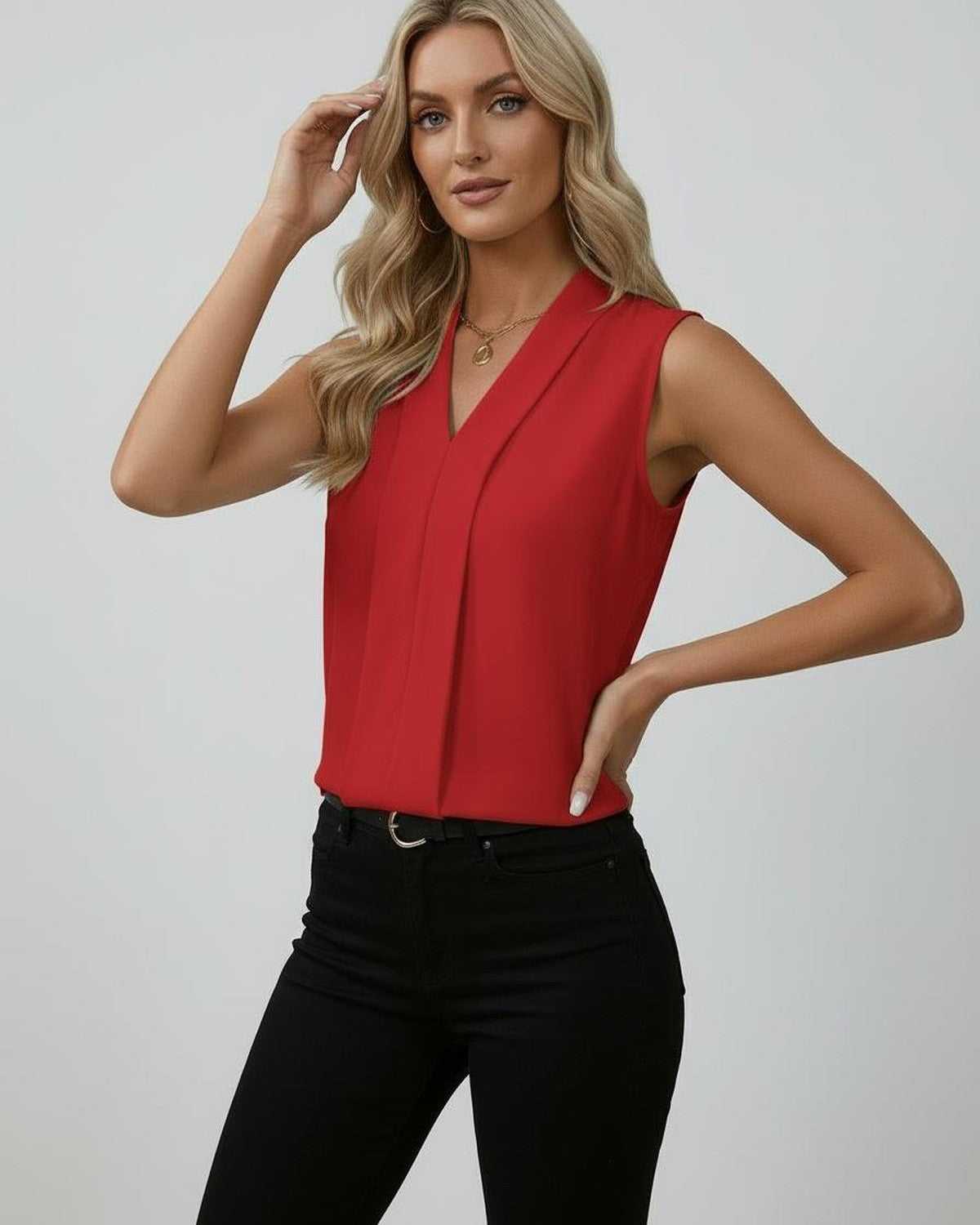 Sienna Top - Elegant sleeveless V-neck red top by Lauven, perfect for modern styling and a bold statement.
