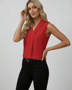Sienna Top - Elegant sleeveless V-neck red top by Lauven, perfect for day to evening wear.