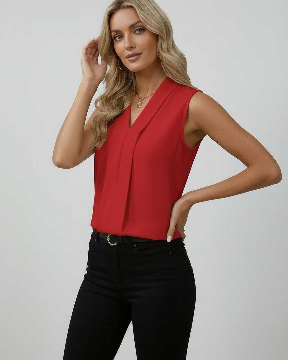 Sienna Top - Elegant sleeveless V-neck red top by Lauven, perfect for day to evening wear.