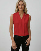 Sienna Top – Elegant sleeveless V-neck red top by Lauven, combining sleek style with vibrant color.