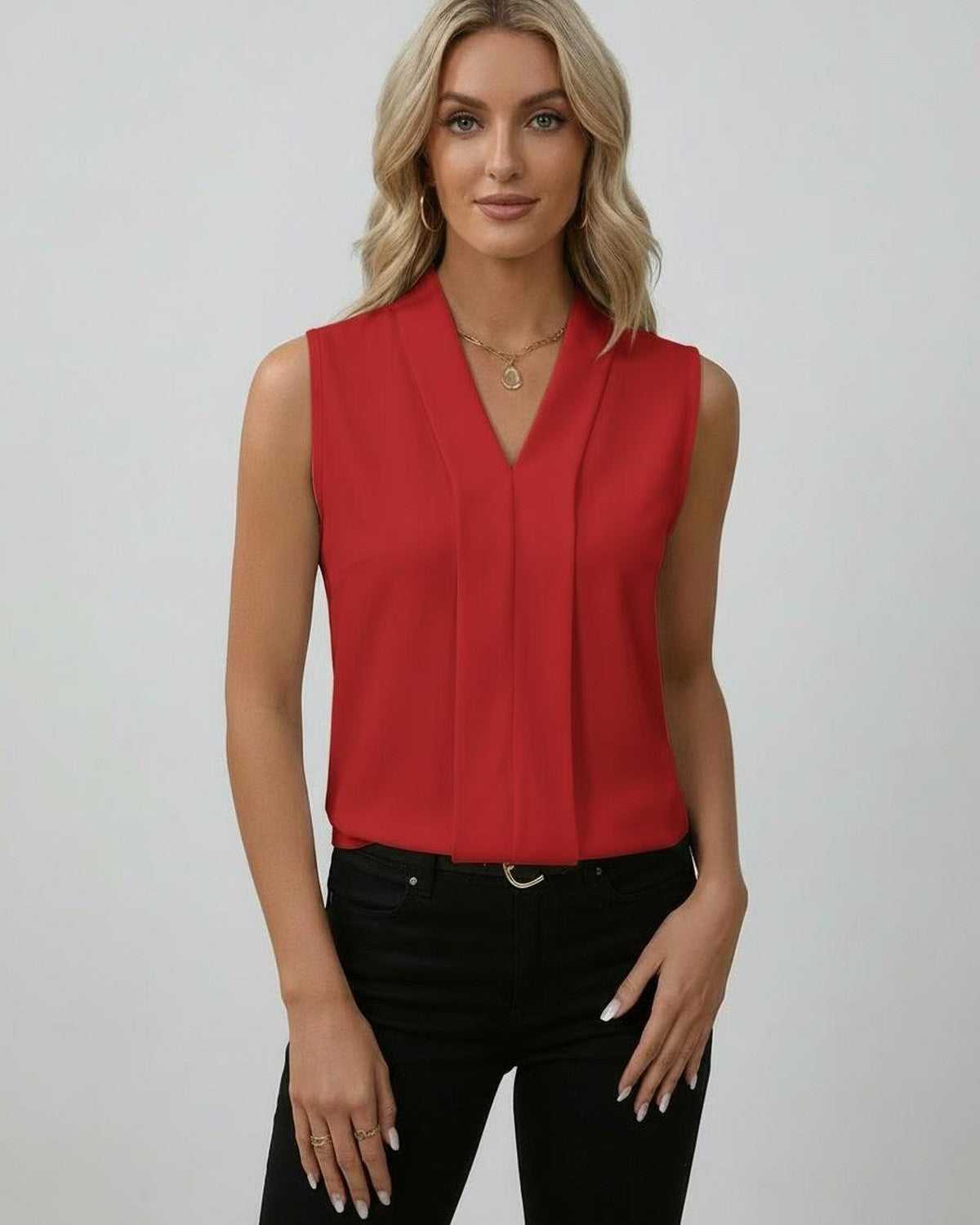 Sienna Top – Elegant sleeveless V-neck red top by Lauven, combining sleek style with vibrant color.