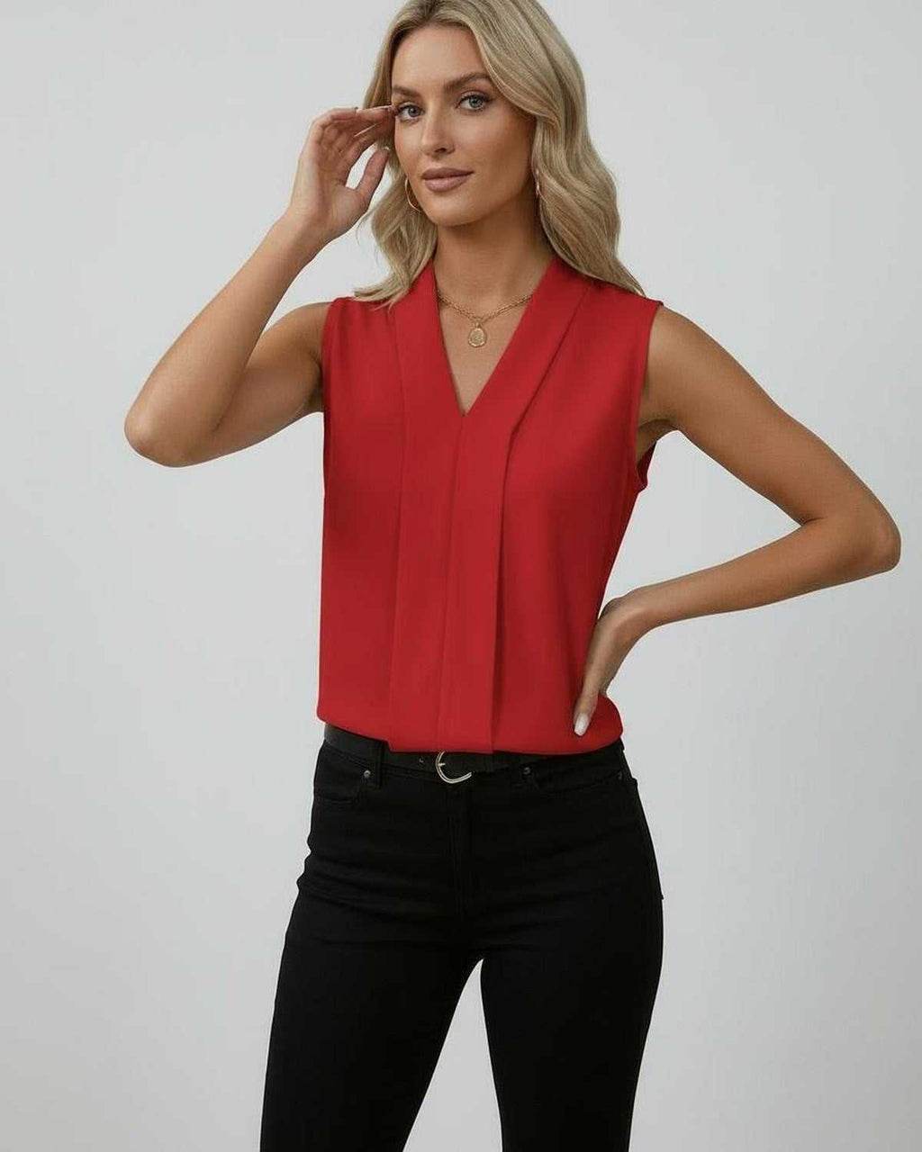 Sienna Top – Elegant sleeveless V-neck red top by Lauven, perfect for day to evening wear, stylish and refined.