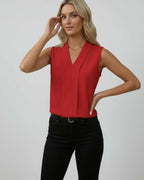 Sienna Top – Elegant sleeveless V-neck red top by Lauven, perfect for day to evening wear, stylish and refined.
