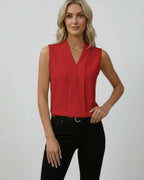 Sienna Top by Lauven – Elegant sleeveless red V-neck top, perfect for day to evening wear.