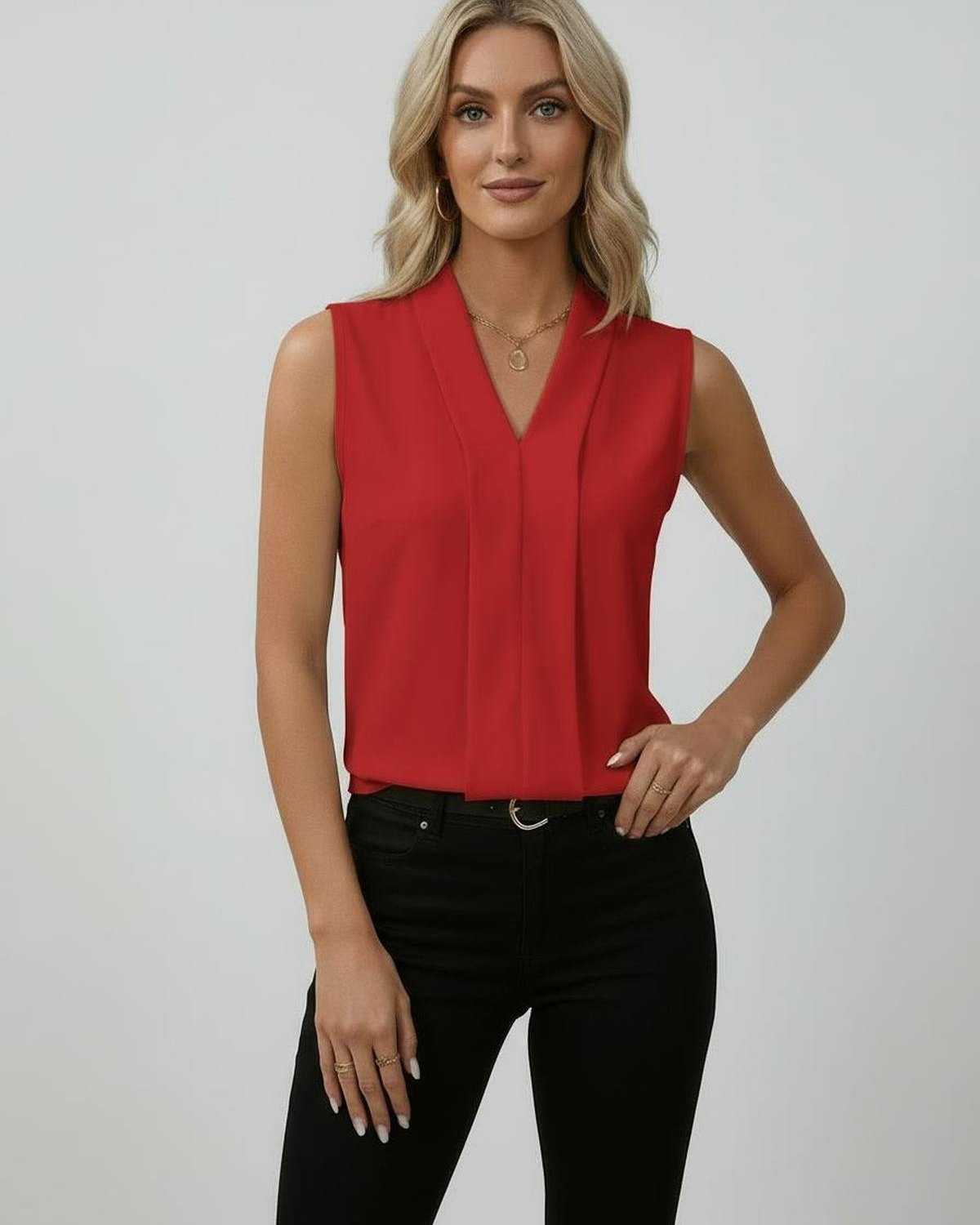 Sienna Top by Lauven – Elegant sleeveless red V-neck top, perfect for day to evening wear.