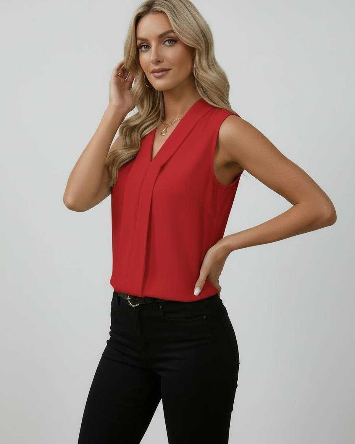 Sienna Top – Elegant sleeveless V-neck red top by Lauven, perfect for modern styling and day-to-evening transitions.