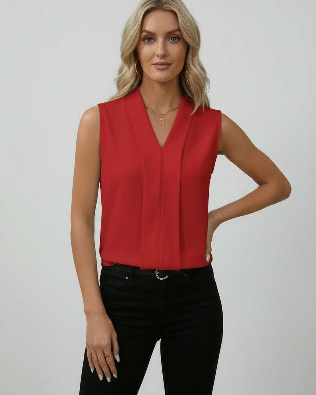 Sienna Top - Elegant sleeveless V-neck red top by Lauven, featuring a sleek silhouette and refined style for modern fashion.