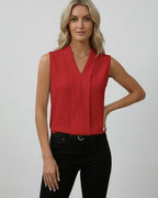 Sienna Top - Elegant sleeveless V-neck red top by Lauven, featuring a sleek silhouette and refined style for modern fashion.