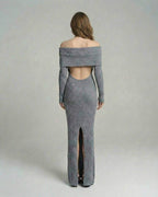 Sierra Maxi Dress by Lauven - Back view of a sleek ribbed sheath dress with off-shoulder neckline and side slit.
