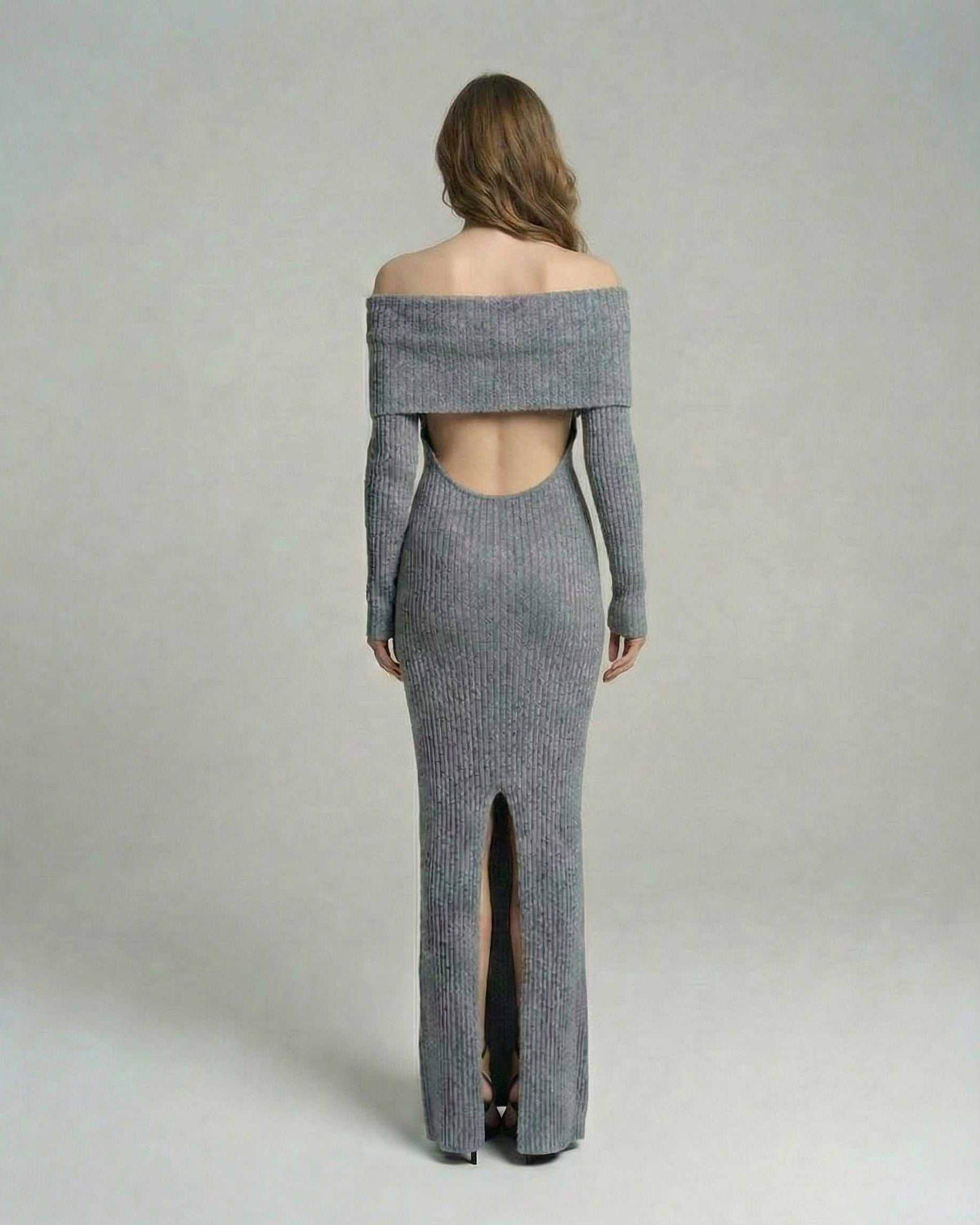Sierra Maxi Dress by Lauven - Back view of a sleek ribbed sheath dress with off-shoulder neckline and side slit.