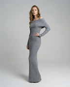Sierra Maxi Dress by Lauven, ribbed polyester off-shoulder sheath dress in gray, designed for comfort and elegance.