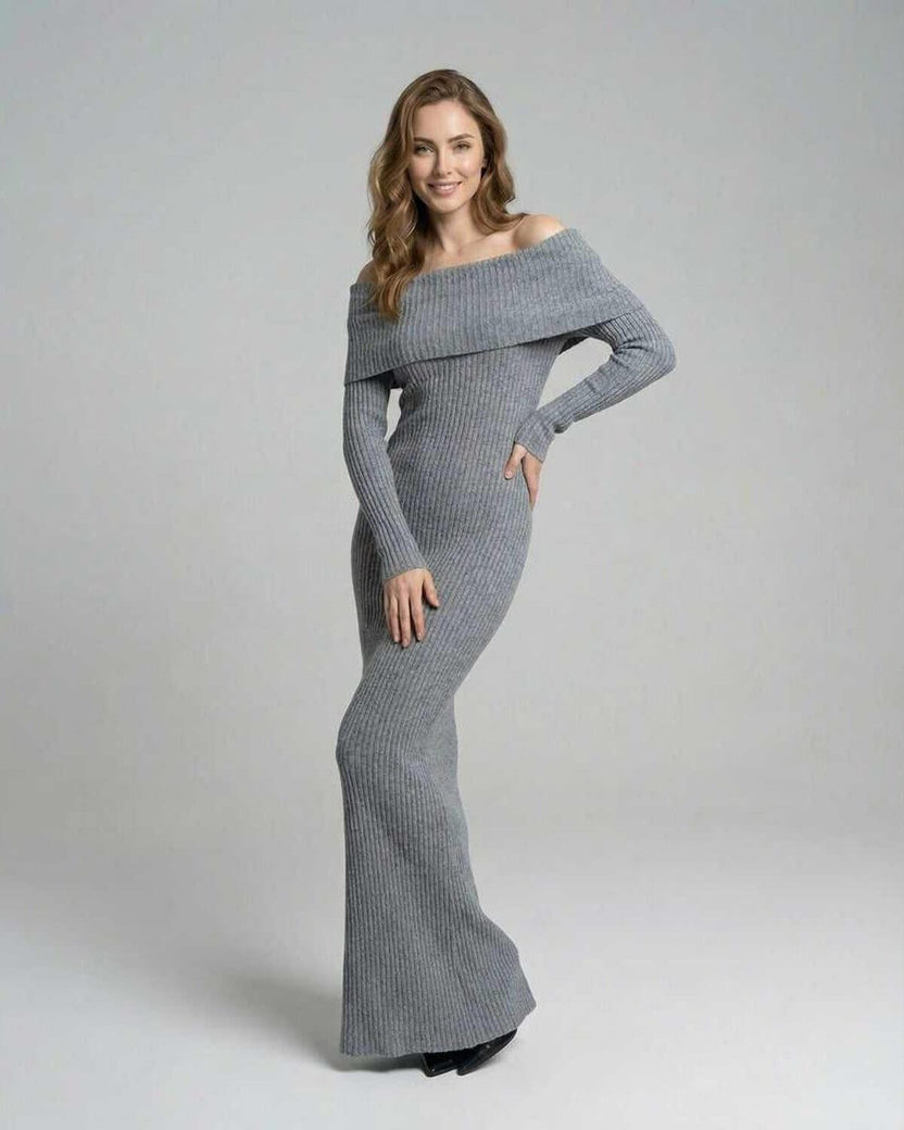 Sierra Maxi Dress by Lauven, ribbed gray off-shoulder sheath dress with a slim fit.