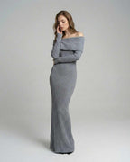 Sierra Maxi Dress by Lauven, ribbed polyester sheath dress in gray with off-shoulder neckline and slim fit.