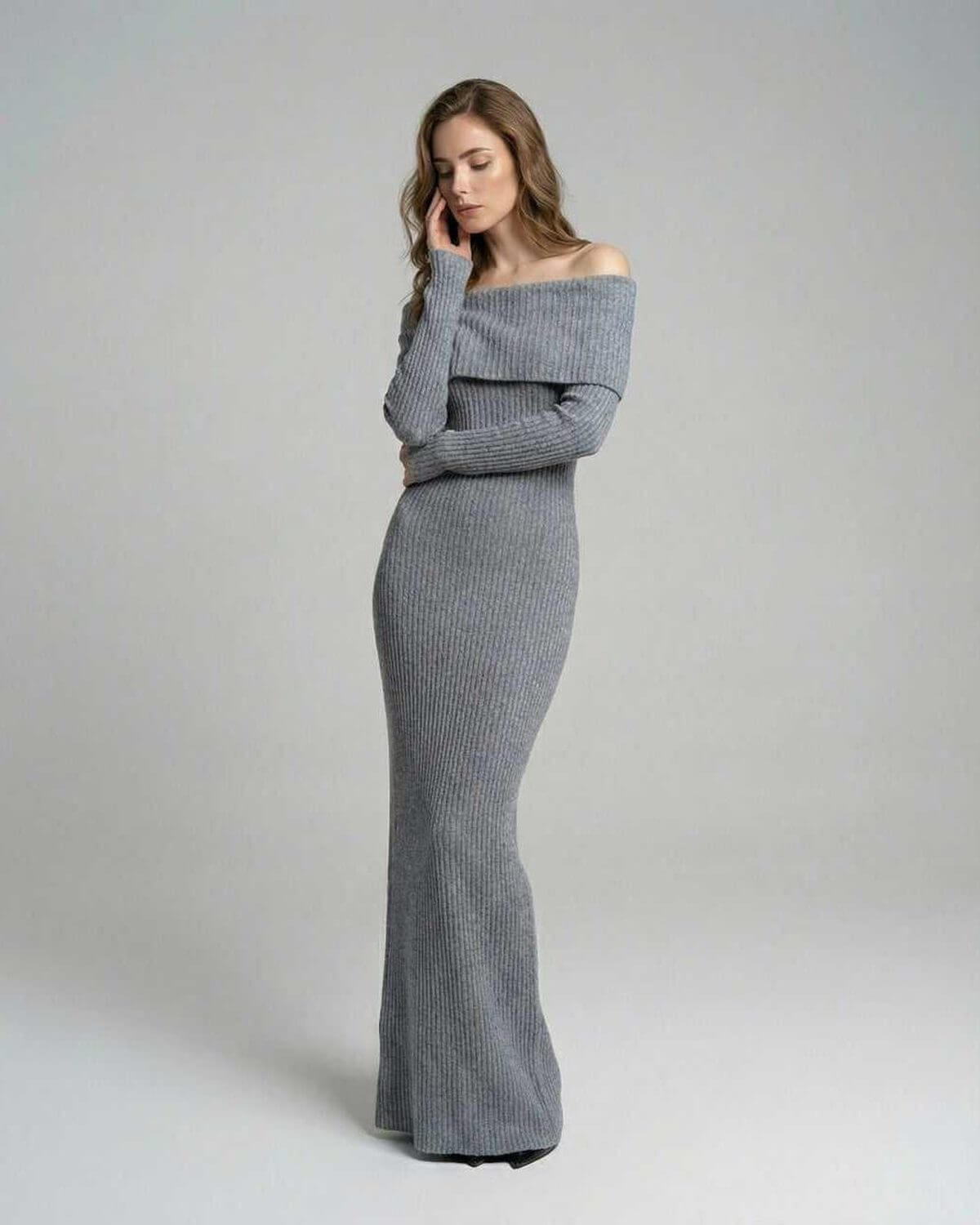 Sierra Maxi Dress by Lauven, ribbed polyester sheath dress in gray with off-shoulder neckline and slim fit.