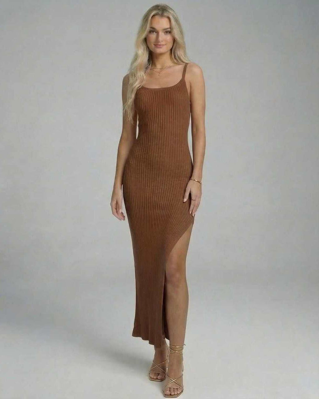 Sierra Midi Dress by Lauven - Elegant knitted camisole dress with high slit in rich brown