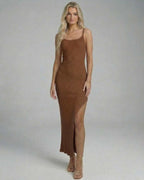 Sierra Midi Dress by Lauven - Elegant knitted camisole dress with high slit in rich brown