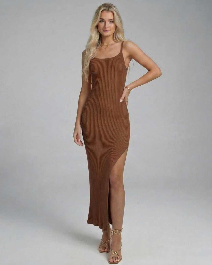 Sierra Midi Dress by Lauven, elegant knitted camisole dress in rich brown with high slit for a stylish silhouette.