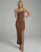 Sierra Midi Dress by Lauven - Elegant knitted camisole dress with high slit in rich brown color.