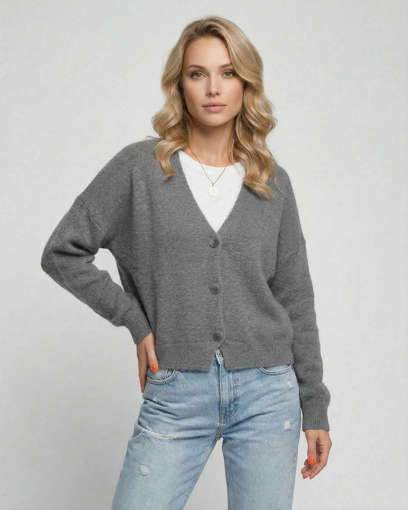 Slate Cardigan by Lauven – Comfortable grey knitwear with a relaxed fit for versatile styling.