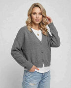Slate Cardigan by Lauven in soft grey knitwear, featuring a relaxed fit and classic style.