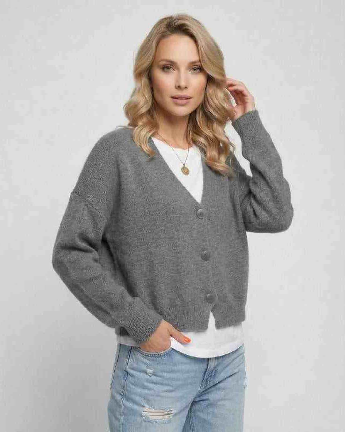 Slate Cardigan by Lauven in soft grey knitwear, featuring a relaxed fit and classic style.