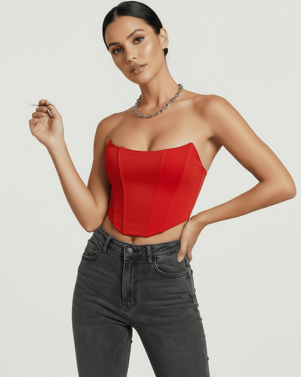 Solara Corset Top by Lauven, vibrant red velvet corset top with structured silhouette and elegant design.