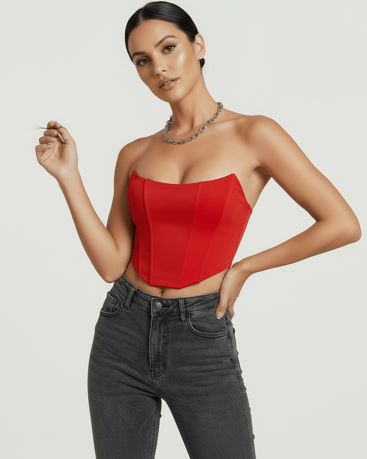 Solara Corset Top by Lauven, vibrant red velvet corset top with structured silhouette and elegant design.