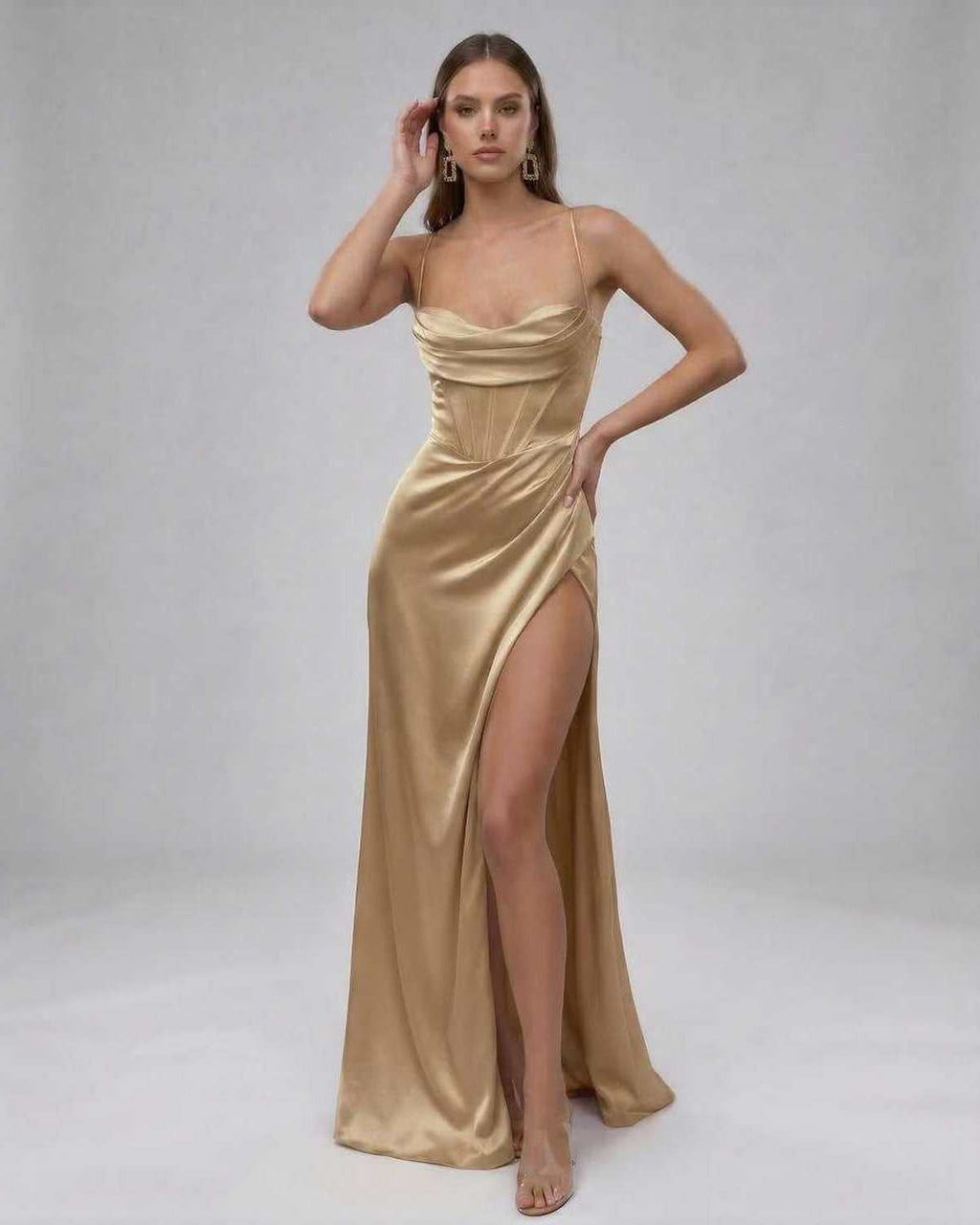 Solara Maxi Dress by Lauven – Luxurious champagne satin gown with high slit and elegant silhouette.
