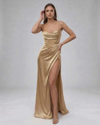 Solara Maxi Dress by Lauven – Luxurious champagne satin gown with high slit and elegant silhouette.