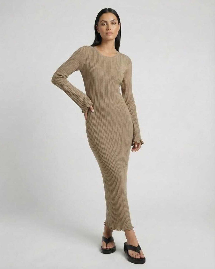 Lauven Solara Maxi Dress in warm taupe, featuring ribbed knit fabric and long flared sleeves.
