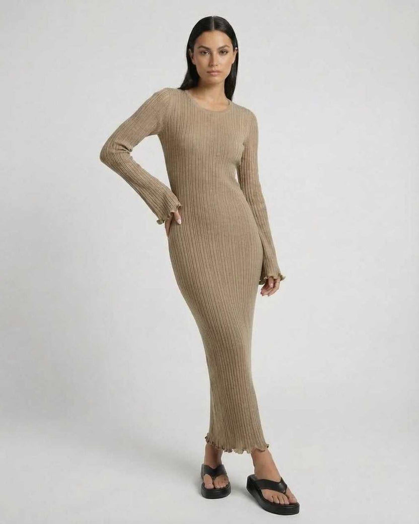 Lauven Solara Maxi Dress features elegant ribbed knit in warm taupe, long flared sleeves and comfortable fit.
