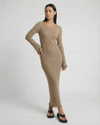 Lauven Solara Maxi Dress in warm taupe, ribbed knit with long flared sleeves and ruffled hem.