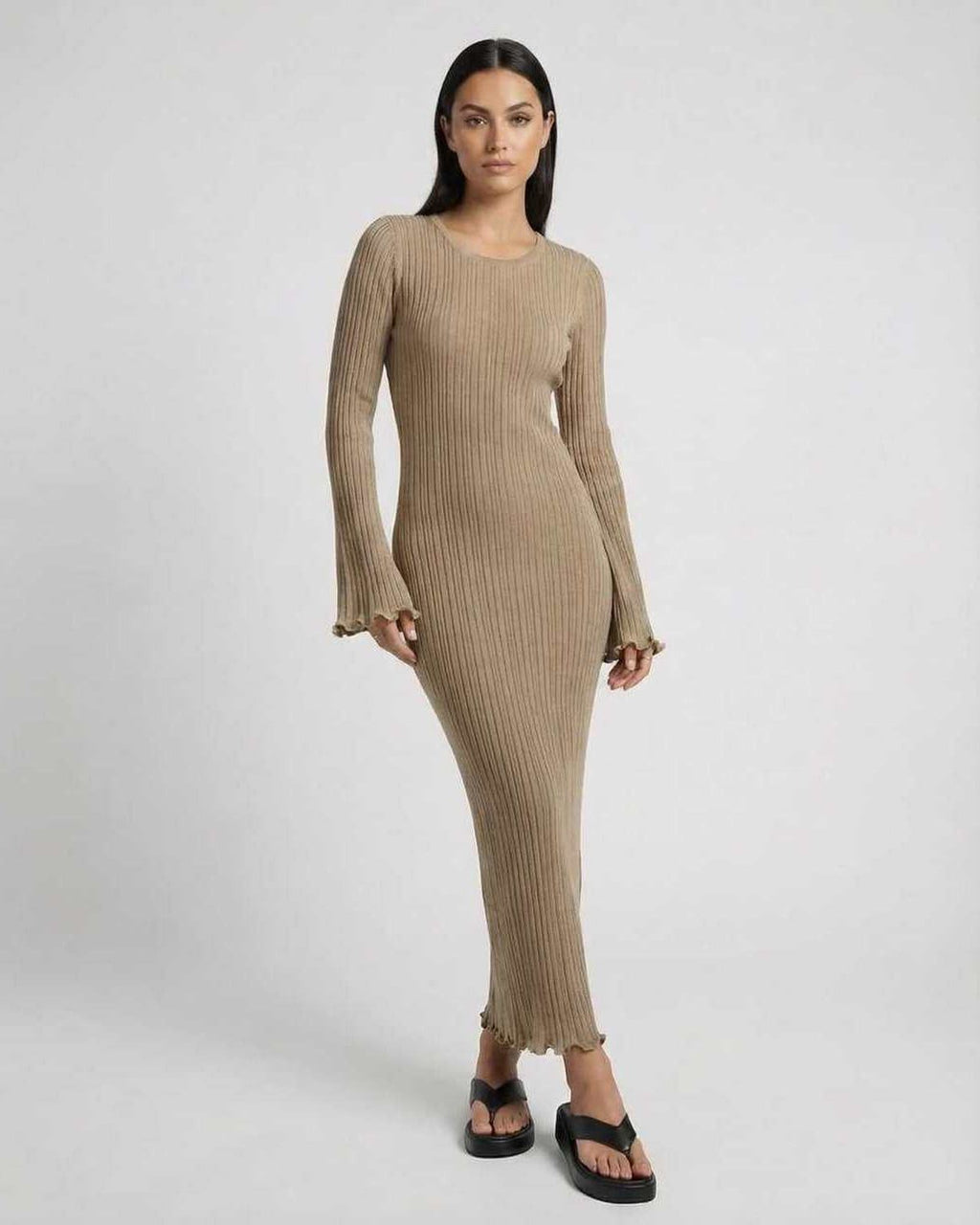 Lauven Solara Maxi Dress in Warm Taupe, ribbed knit fabric, elegant midi length, flared sleeves with ruffles.