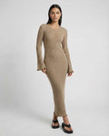Lauven Solara Maxi Dress in Warm Taupe, ribbed knit fabric, elegant midi length, flared sleeves with ruffles.