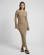 Lauven Solara Maxi Dress in Warm Taupe, ribbed knit fabric, elegant midi length, flared sleeves with ruffles.