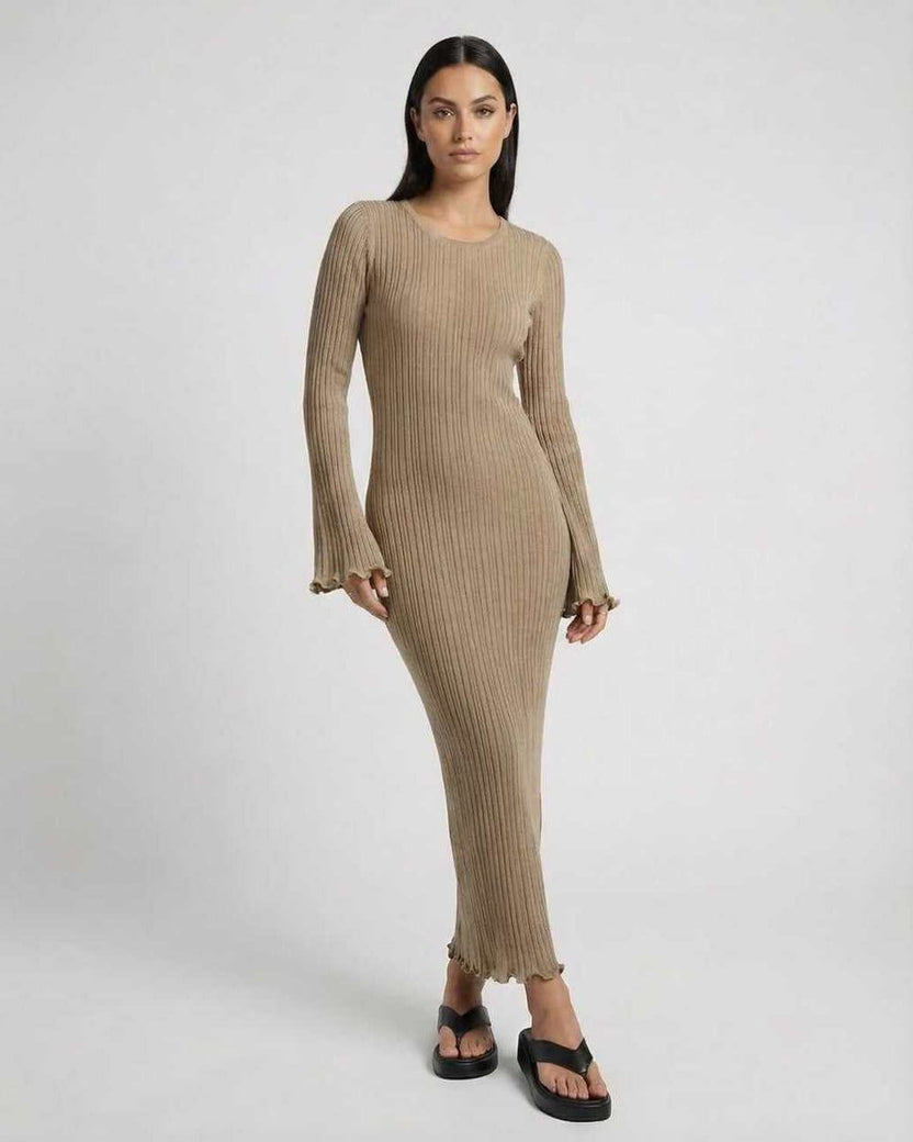Lauven Solara Maxi Dress in Warm Taupe, ribbed knit fabric, elegant midi length, flared sleeves with ruffles.