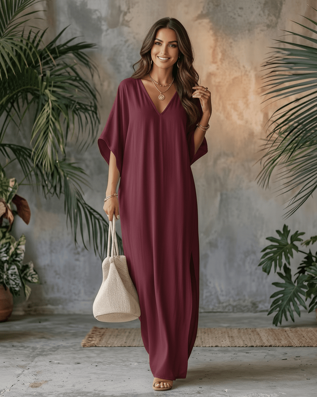 Solara Maxi Dress in burgundy chiffon, V-neck design, flowing silhouette for warm weather, by Lauven.